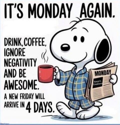 IT'S MONDAY AGAIN. DRINK, COFFEE, IGNORE NEGATIVITY AND BE AWESOME. A NEW FRIDAY WILL ARRIVE IN 4 DAYS. MONDAY. Karyn's Creations.