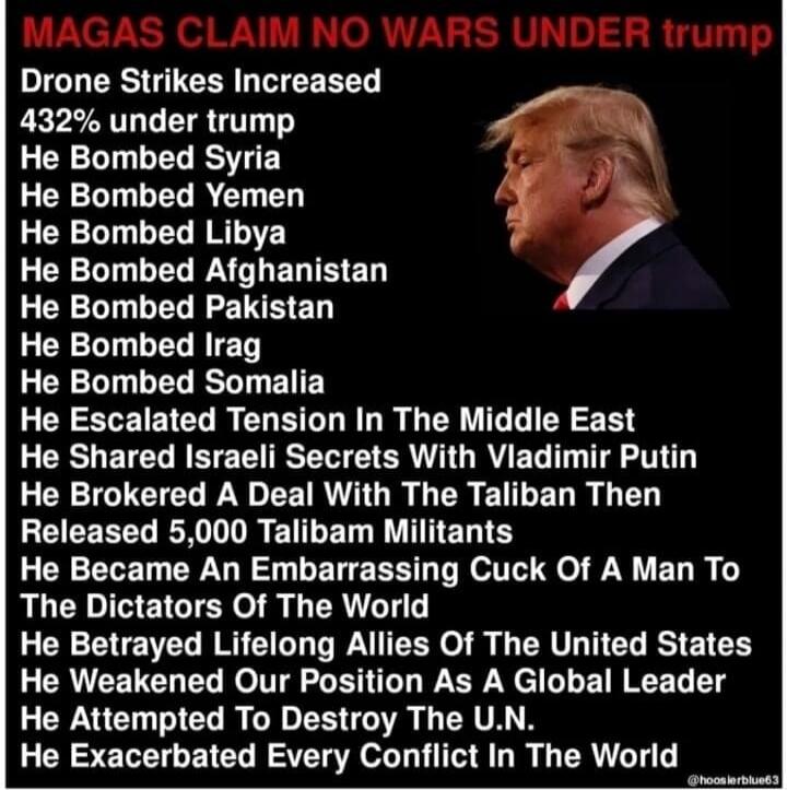 MAGAS CLAIM NO WARS UNDER trump
Drone Strikes Increased
432% under trump
He Bombed Syria
He Bombed Yemen
He Bombed Libya
He Bombed Afghanistan
He Bombed Pakistan
He Bombed Iraq
He Bombed Somalia
He Escalated Tension In The Middle East
He Shared Israeli Secrets With Vladimir Putin
He Brokered A Deal With The Taliban Then
Released 5,000 Taliban Milit