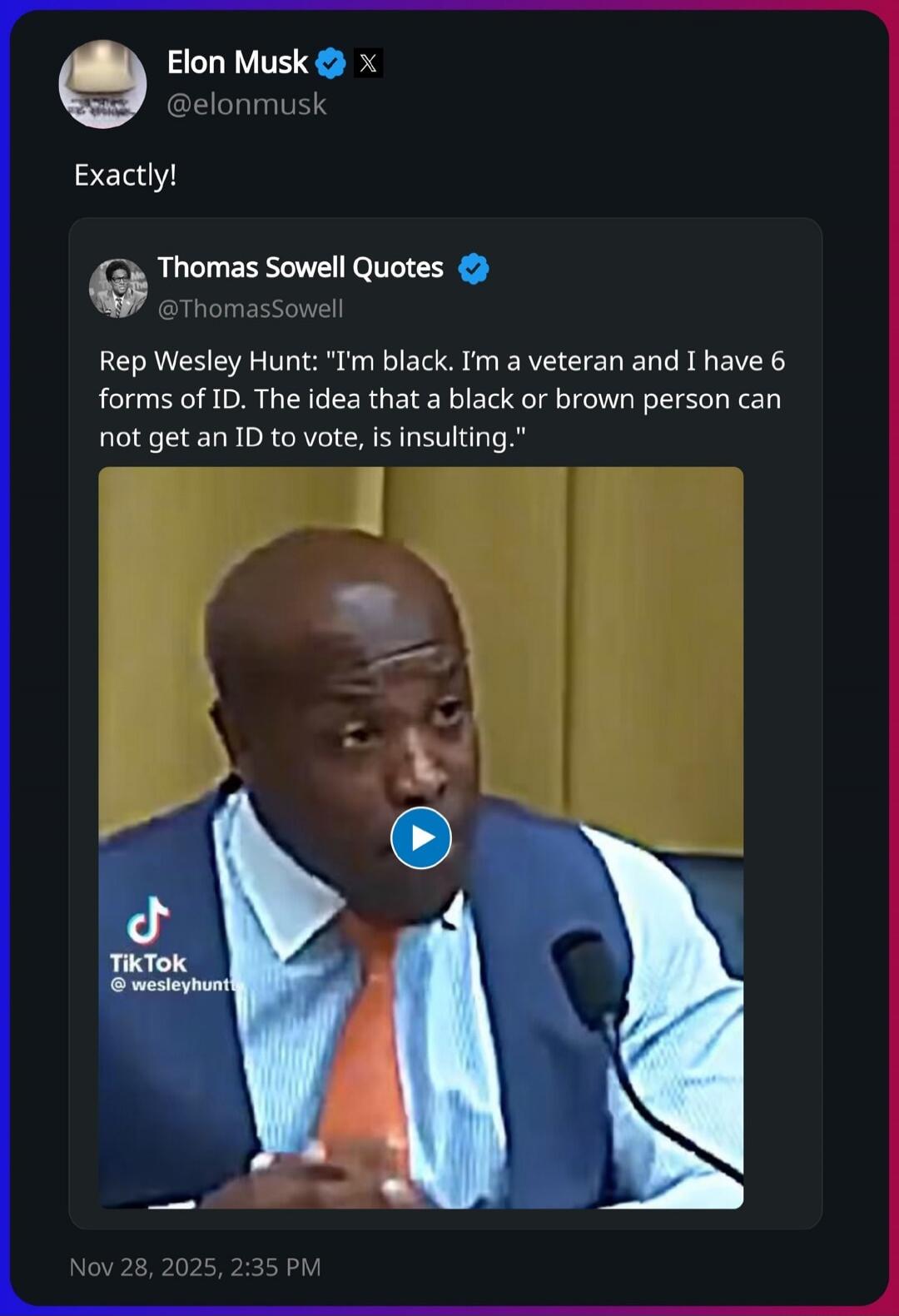 Elon Musk: Exactly! [Tweet about Rep Wesley Hunt quote: 