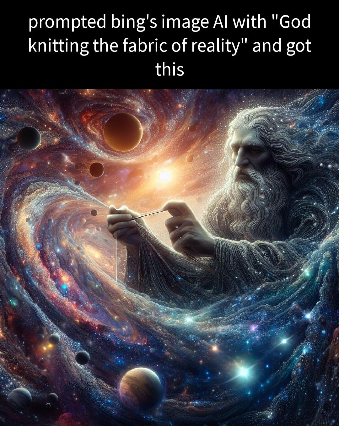 prompted bings image Al with God knitting the fabric of reality and got this