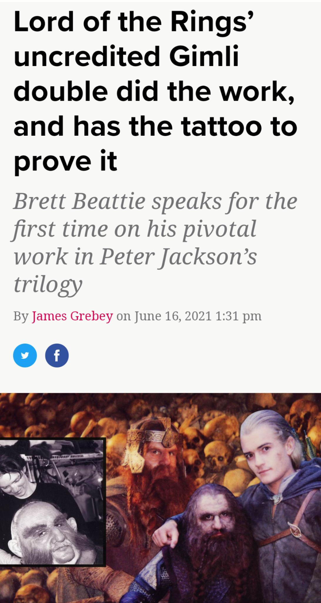 Lord of the Rings uncredited Gimli double did the work and has the tattoo to prove it Brett Beattie speaks for the first time on his pivotal work in Peter Jacksons trilogy By on June 16 2021 131 pm