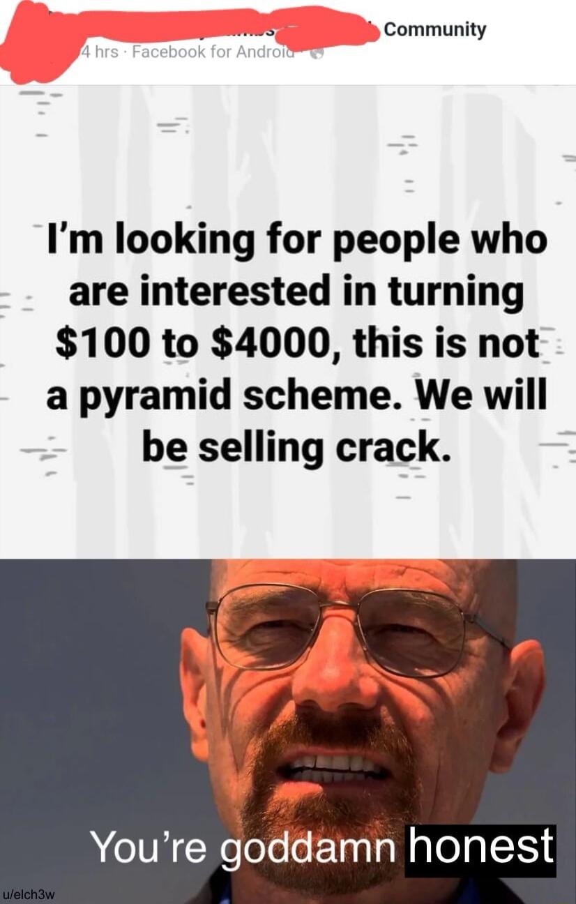 Community Im looking for people who are interested in turning 100 to 4000 this is not a pyramid scheme We will be selling crack Youre goddamn honest