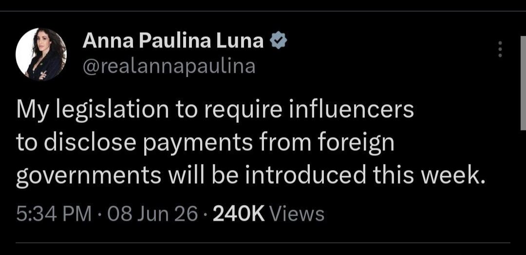 My legislation to require influencers to disclose payments from foreign governments will be introduced this week.