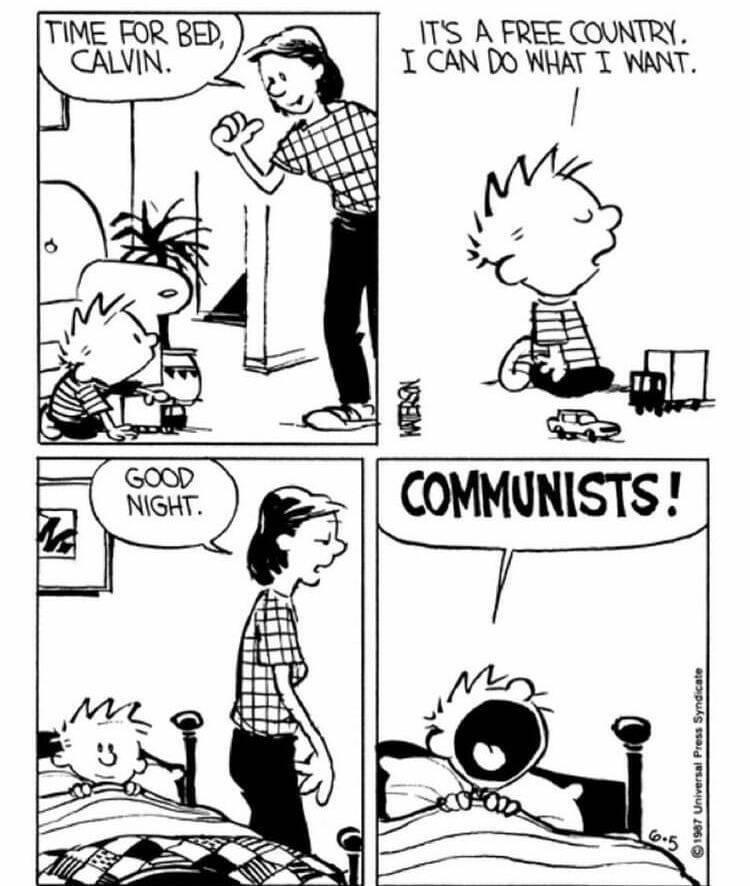 TIME FOR BED CALVIN ITS A FREE COUNTRY T CAN DO WHAT T WANT 5 5 COMMUNISTS e 1987 Universal Press Syndicate