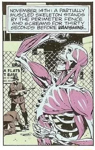 NOVEMBER 4TH A PARTIALLY MUSCLED SKELETON STANDS BY THE PERIMETER FENCE AND SCREAMS FOR THIRTY SECONDS BEFORE VANISHING