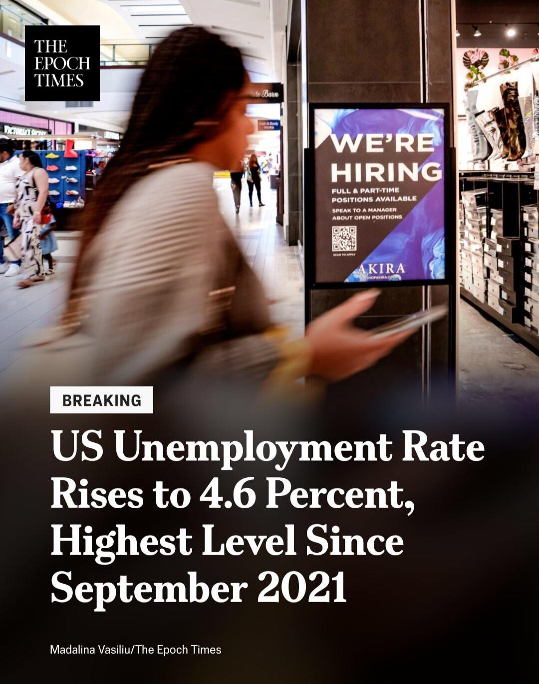 BREAKING US Unemployment Rate Rises to 4.6 Percent, Highest Level Since September 2021