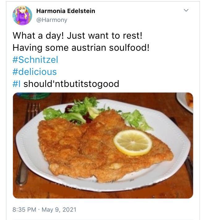 Harmonia Edelstein v B Harmony What a day Just want to rest Having some austrian soulfood Schnitzel delicious 1 shouldntbutitstogood 835 PM May 9 2021