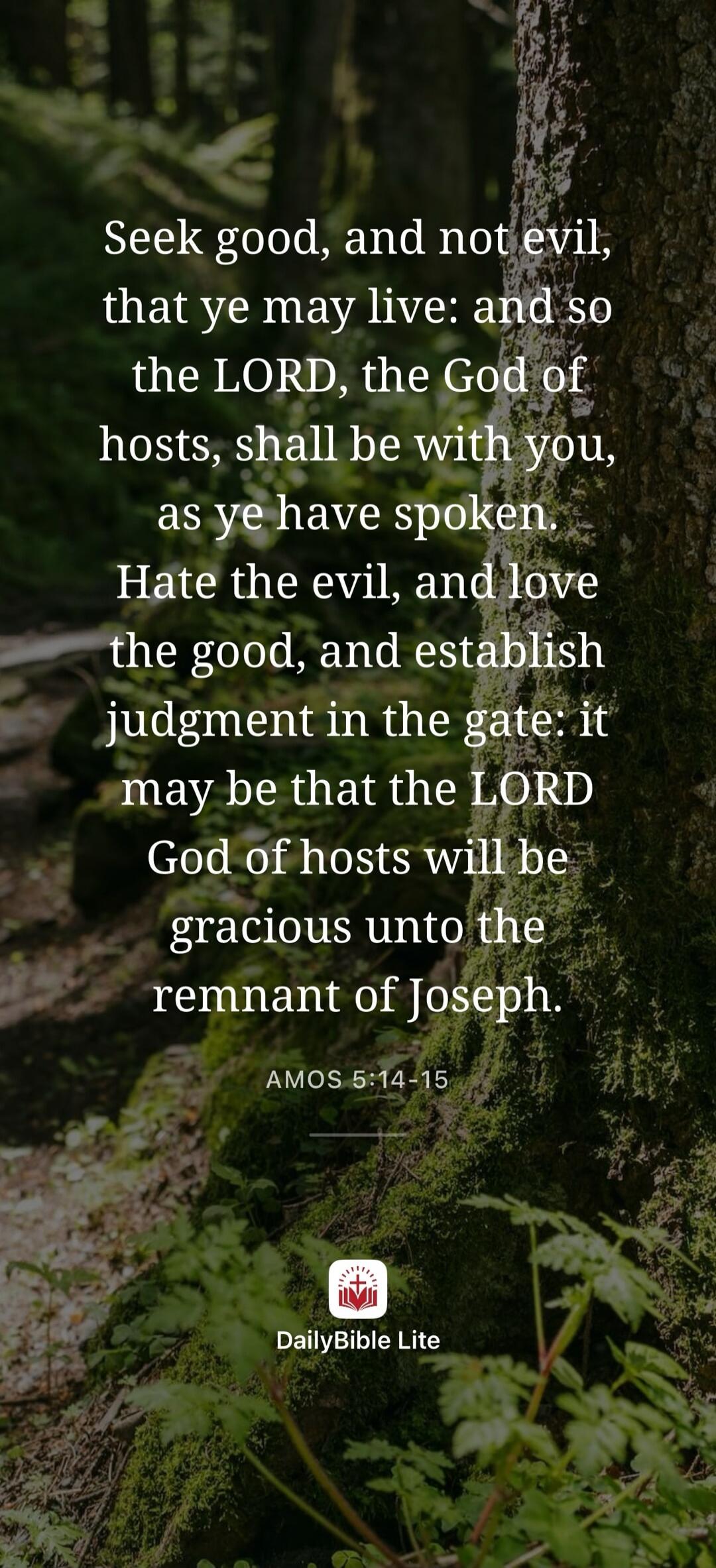 Seek good, and not evil, that ye may live: and so the LORD, the God of hosts, shall be with you, as ye have spoken. Hate the evil, and love the good, and establish judgment in the gate: it may be that the LORD God of hosts will be gracious unto the remnant of Joseph. AMOS 5:14-15 DailyBible Lite