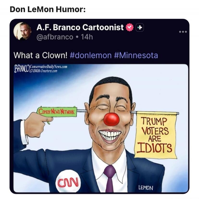 What a Clown! #donlemon #Minnesota — cartoon shows a man with CNN logo and a sign reading 'TRUMP VOTERS ARE IDIOTS'.