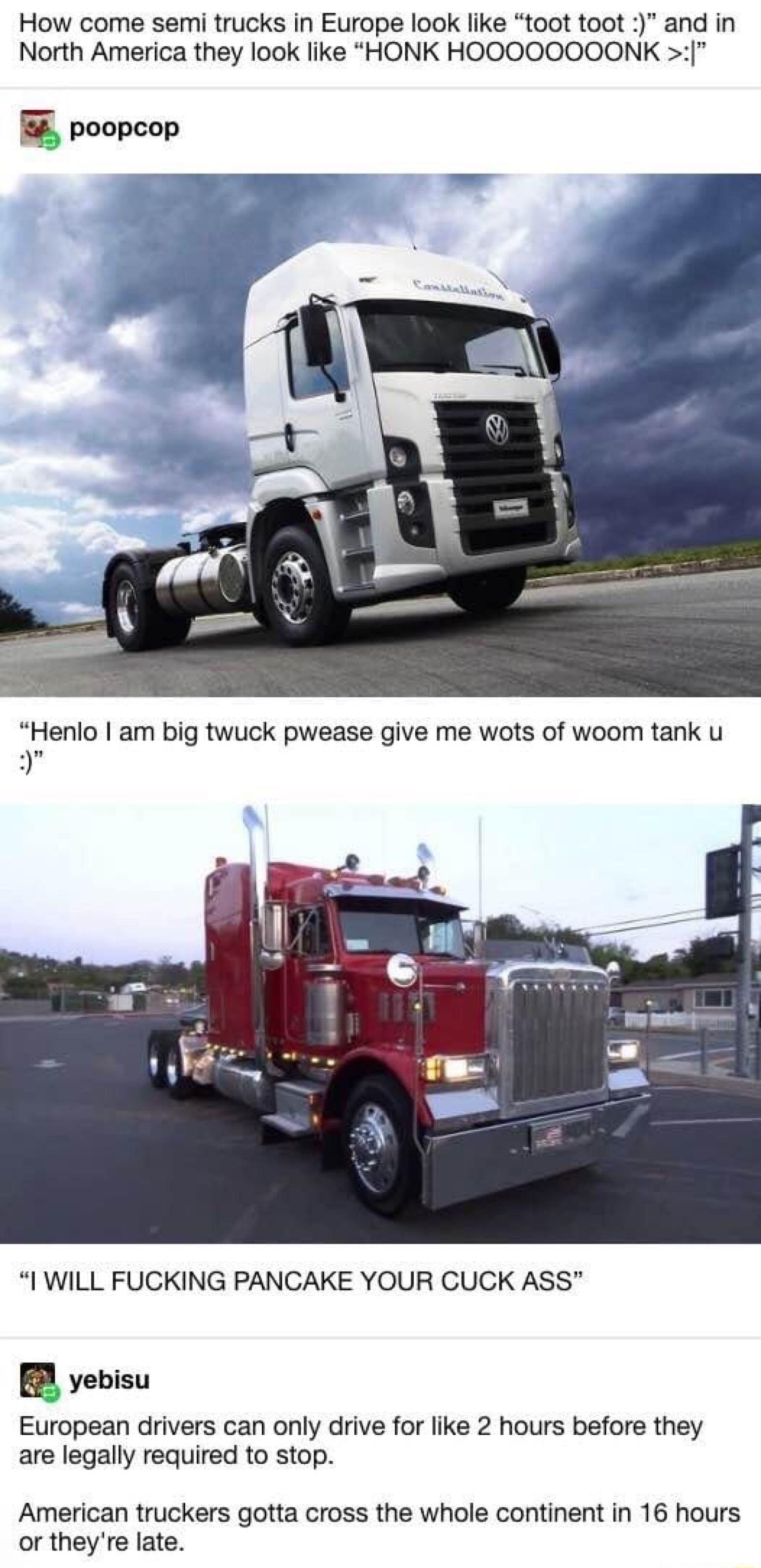 How come semi trucks in Europe look like toot toot and in North America they look like HONK HOOOOOOOONK 5 poopcop Henlo am big twuck pwease give me wots of woom tank u Ik I WILL FUCKING PANCAKE YOUR CUCK ASS m yebisu European drivers can only drive for like 2 hours before they are legally required to stop American truckers gotta cross the whole continent in 16 hours or theyre late