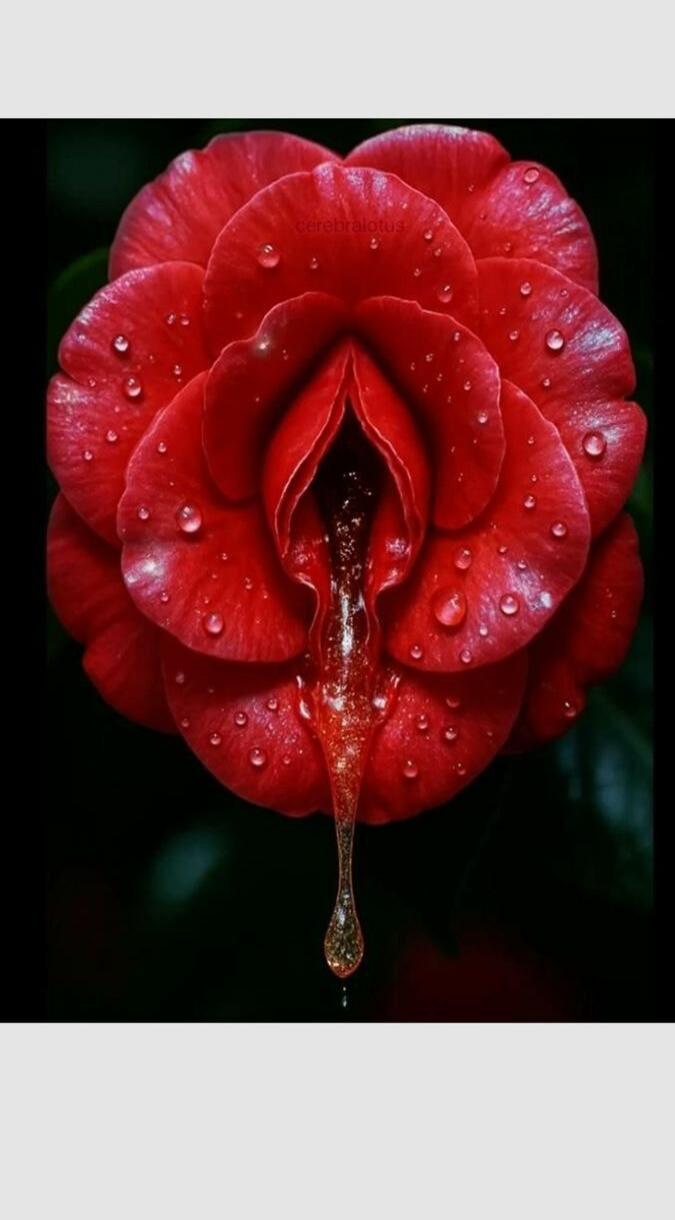 A close-up shot of a red camellia flower with water droplets on its petals. The center of the flower is open, revealing a dark interior with a viscous, golden liquid dripping from it.