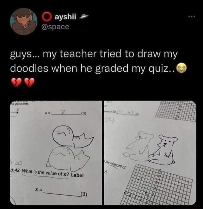 ayshii space guys my teacher tried to draw my doodles when he graded my quiz e