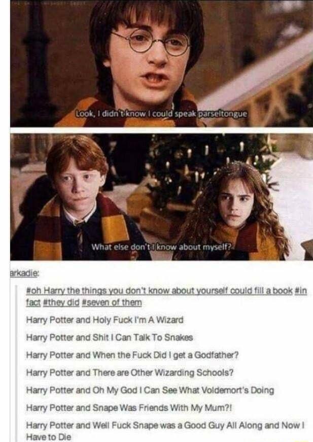 oh Harry the things you dont know about yourself could fill 3 book in fact Sthey did seven of them Harry Po er and Holy Fuck A Wizard Harry Pol er and Shit Can Talk To Snakes Harry Potter and When the Fuck Did get a Godtather Harry Potter and There are Other Wizarding Schools Harry Potter an Can See What Voidemorts Doin Harry Potter and Snape Was Friends With My Mum ape was a Good Guy All Along an