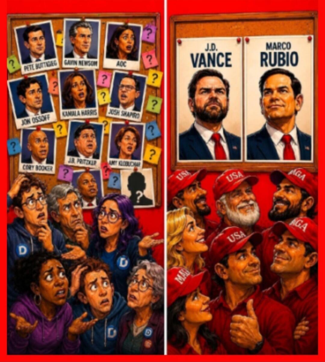 PETE BUTTIGIEG, GAVIN NEWSOM, AOC, JON OSSOFF, KAMALA HARRIS, JOSH SHAPIRO, CORY BOOKER, J.B. PRITZKER, AMY KLOBUCHAR, J.D. VANCE, MARCO RUBIO, USA, MAGA. The image depicts two contrasting political scenes. On the left, a group of confused Democratic voters look at a board with various Democratic politicians' photos, many with question marks, indic