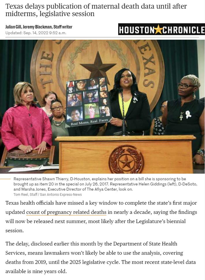 Texas delays publication of maternal death data until after midterms legislative session lanGR ey Backowan Saffwiter HOUSTONACHRONIC Texas health officials have missed a key window to complete the states first major updated count of pregnancy related deaths in nearly a decad saying the findings will now be released next summer most likely after the Legislatures biennial The delay disclosed earlier