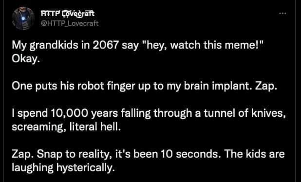 My grandkids in 2067 say hey watch this meme Okay One puts his robot finger up to my brain implant Zap Ispend 10000 years falling through a tunnel of knives screaming literal hell Zap Snap to reality its been 10 seconds The kids are laughing hysterically