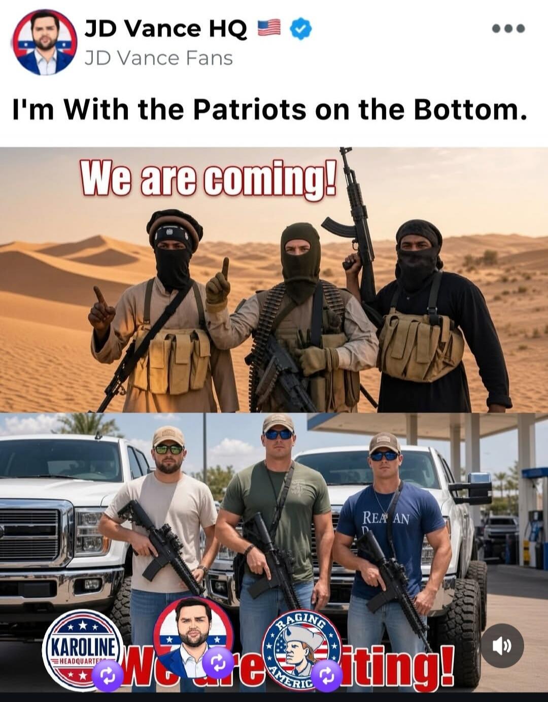 JD Vance HQ JD Vance Fans I'm With the Patriots on the Bottom. We are coming! KAROLINE HEADQUARTERS RAGING AMERICA We're waiting! REAGAN