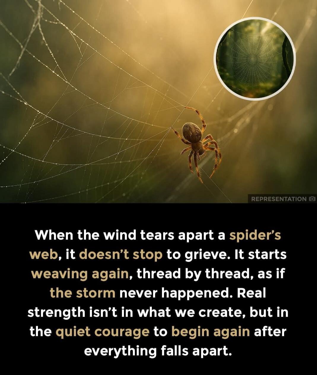 When the wind tears apart a spider’s web, it doesn’t stop to grieve. It starts weaving again, thread by thread, as if the storm never happened. Real strength isn’t in what we create, but in the quiet courage to begin again after everything falls apart.