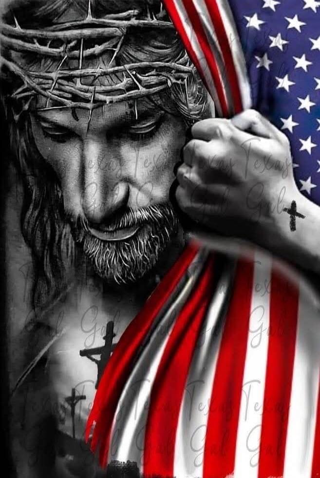 Portrait of Jesus with a crown of thorns, wrapped in an American flag; crosses tattooed on the forearm.