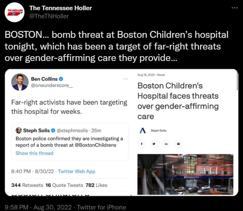 e The Tennessee Holler BOSTON bomb threat at Boston Childrens hospital tonight which has been a target of far right threats over gender affirming care they provide BonCalins Boston Childrens Hospital faces threats over gender affirming care ivists have been targeting