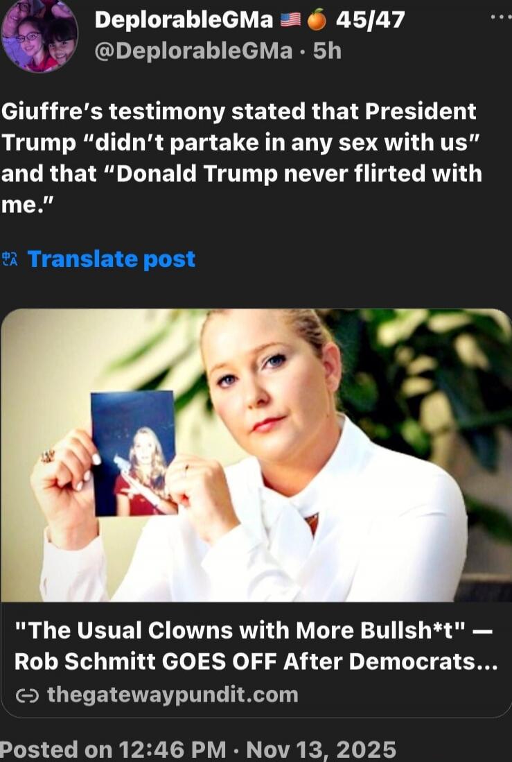 Giuffre's testimony stated that President Trump 'didn't partake in any sex with us' and that 'Donald Trump never flirted with me.' The Usual Clowns with More Bullsh*t — Rob Schmitt GOES OFF After Democrats…