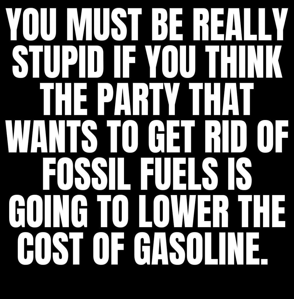 YOU MUST BE REALLY STUPID IF YOU THINK THE PARTY THAT WANTS TO GET RID OF FOSSIL FUELS IS GOING TO LOWER THE COST OF GASOLINE.