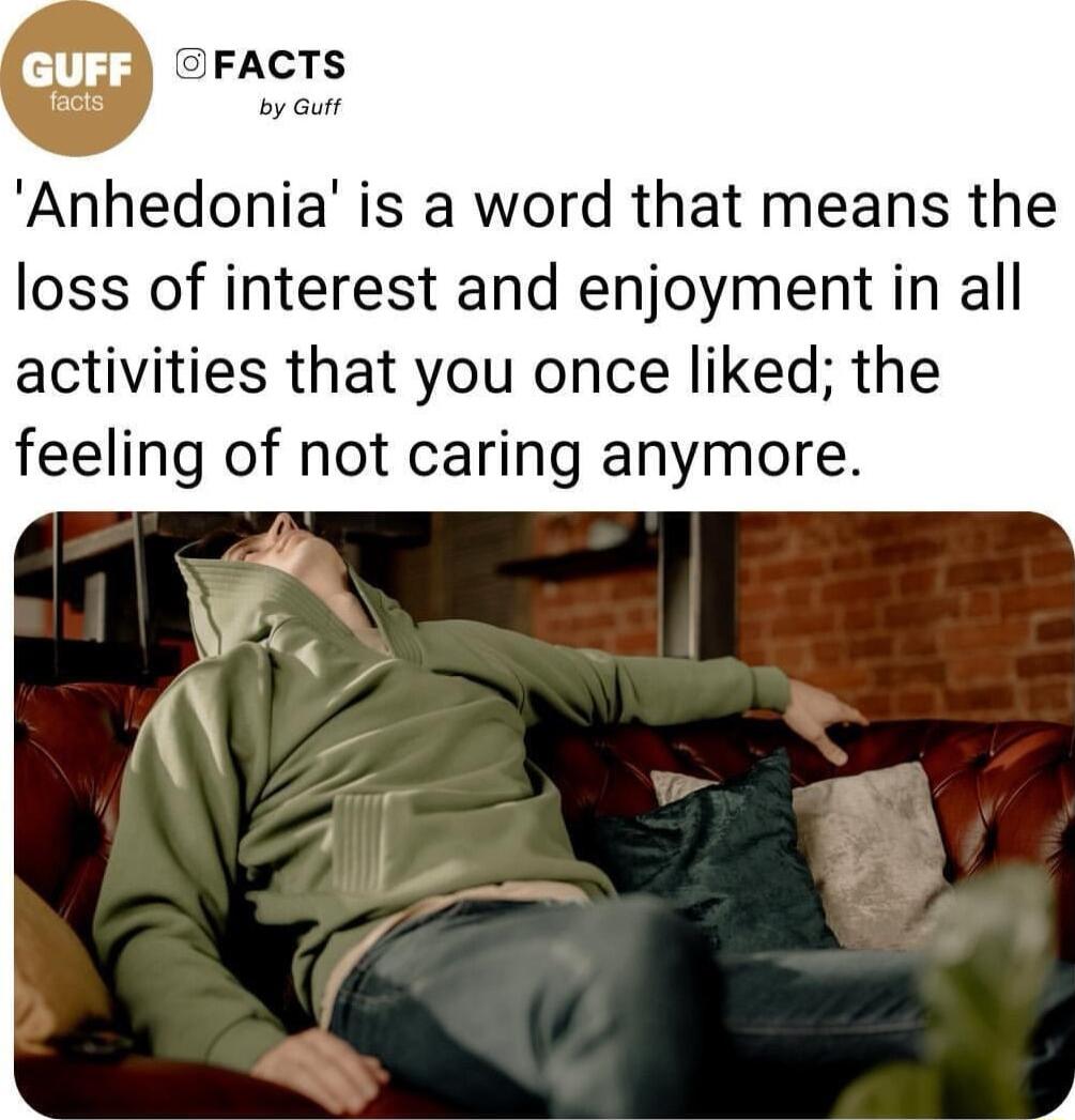 A 1 OFACTS oo by Gutt Anhedonia is a word that means the loss of interest and enjoyment in all activities that you once liked the feeling of not caring anymore