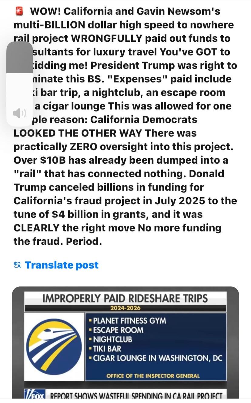 WOW! California and Gavin Newsom's multi-BILLION dollar high speed to nowhere rail project WRONGFULLY paid out funds to consultants for luxury travel. You've GOT to be kidding me! President Trump was right to terminate this BS. 