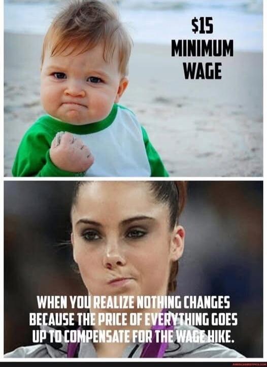 $15 MINIMUM WAGE

WHEN YOU REALIZE NOTHING CHANGES BECAUSE THE PRICE OF EVERYTHING GOES UP TO COMPENSATE FOR THE WAGE HIKE.