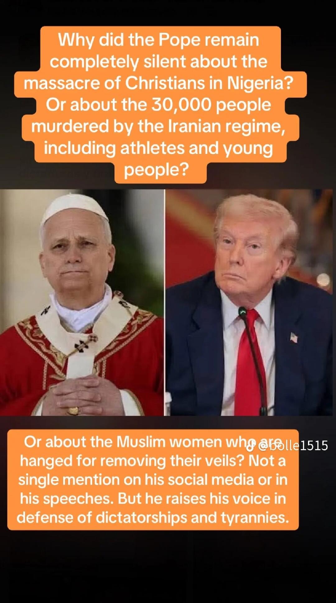 Why did the Pope remain completely silent about the massacre of Christians in Nigeria? Or about the 30,000 people murdered by the Iranian regime, including athletes and young people? Or about the Muslim women who were hanged for removing their veils? Not a single mention on his social media or in his speeches. But he raises his voice in defense of 