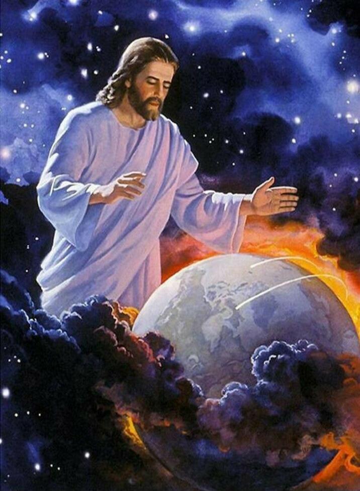 Jesus Christ blessing Earth, with hands over a burning globe in the cosmos.