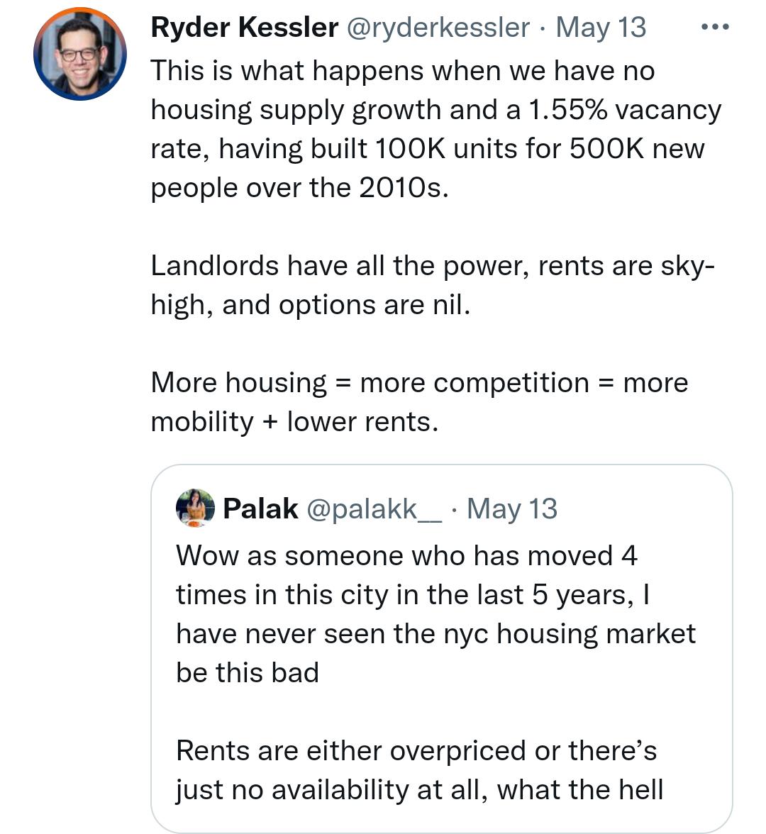 Ryder Kessler ryderkessler May 13 This is what happens when we have no housing supply growth and a 155 vacancy rate having built 100K units for 500K new people over the 2010s Landlords have all the power rents are sky high and options are nil More housing more competition more mobility lower rents Palak palakk_ May 13 Wow as someone who has moved 4 times in this city in the last 5 years have never