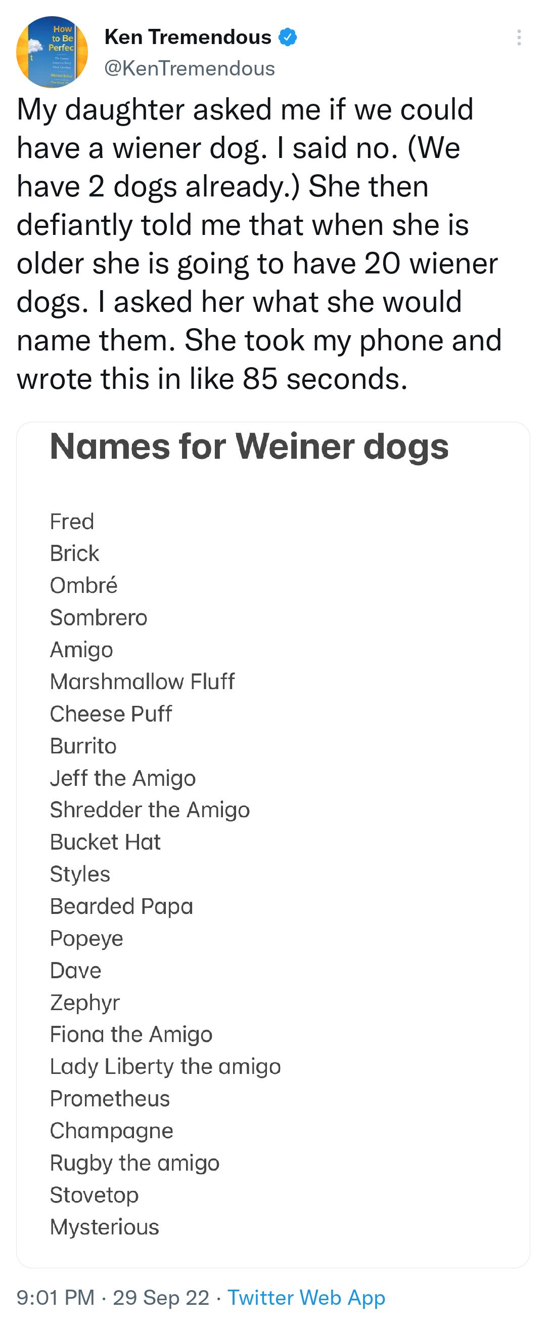Ken Tremendous KenTremendous My daughter asked me if we could have a wiener dog said no We have 2 dogs already She then defiantly told me that when she is older she is going to have 20 wiener dogs asked her what she would name them She took my phone and wrote this in like 85 seconds Names for Weiner dogs Fred Brick Ombr Sombrero Amigo Marshmallow Fluff Cheese Puff Burrito Jeff the Amigo Shredder t