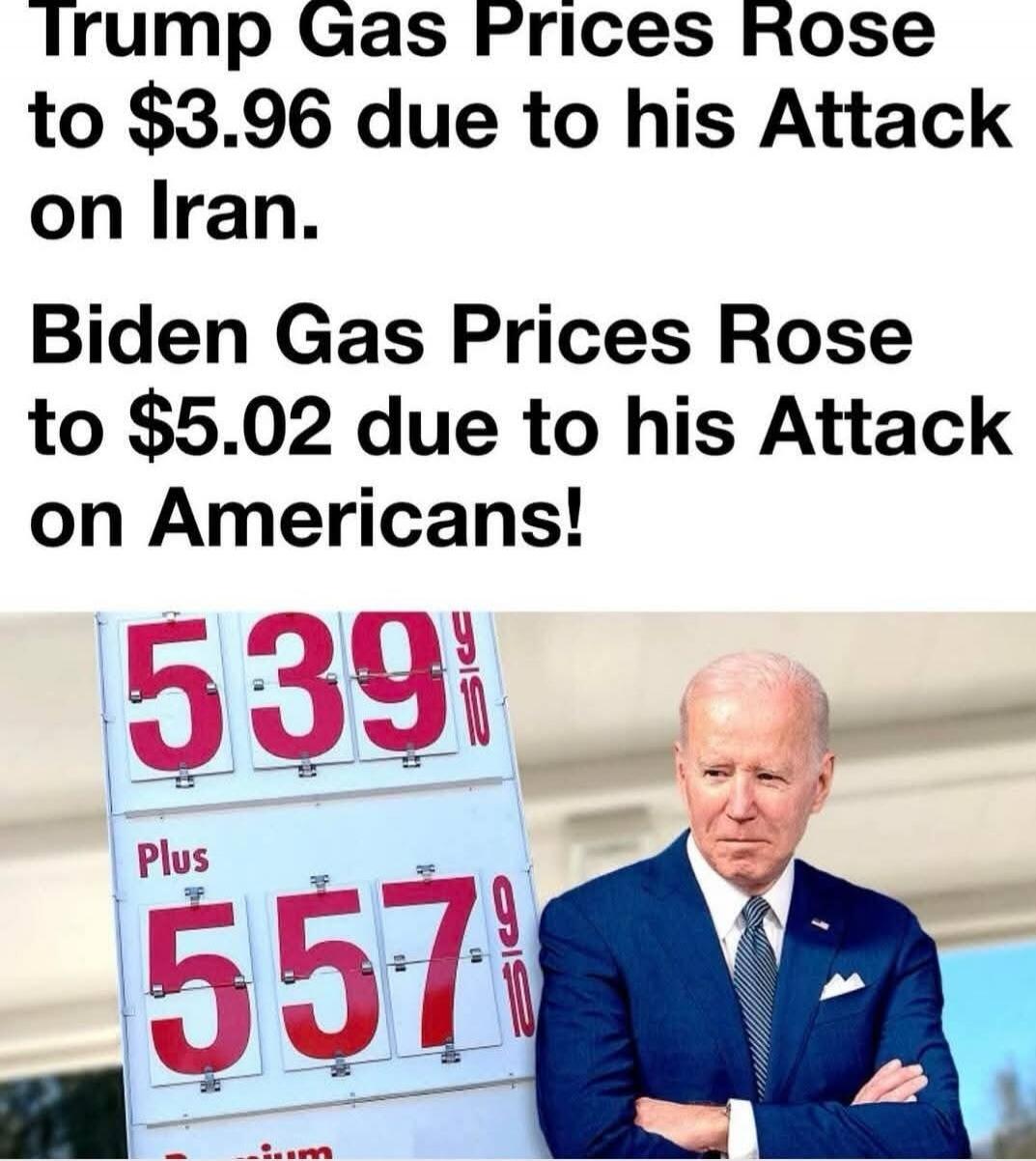Trump Gas Prices Rose to $3.96 due to his Attack on Iran. Biden Gas Prices Rose to $5.02 due to his Attack on Americans! 539 9/10 Plus 557 9/10