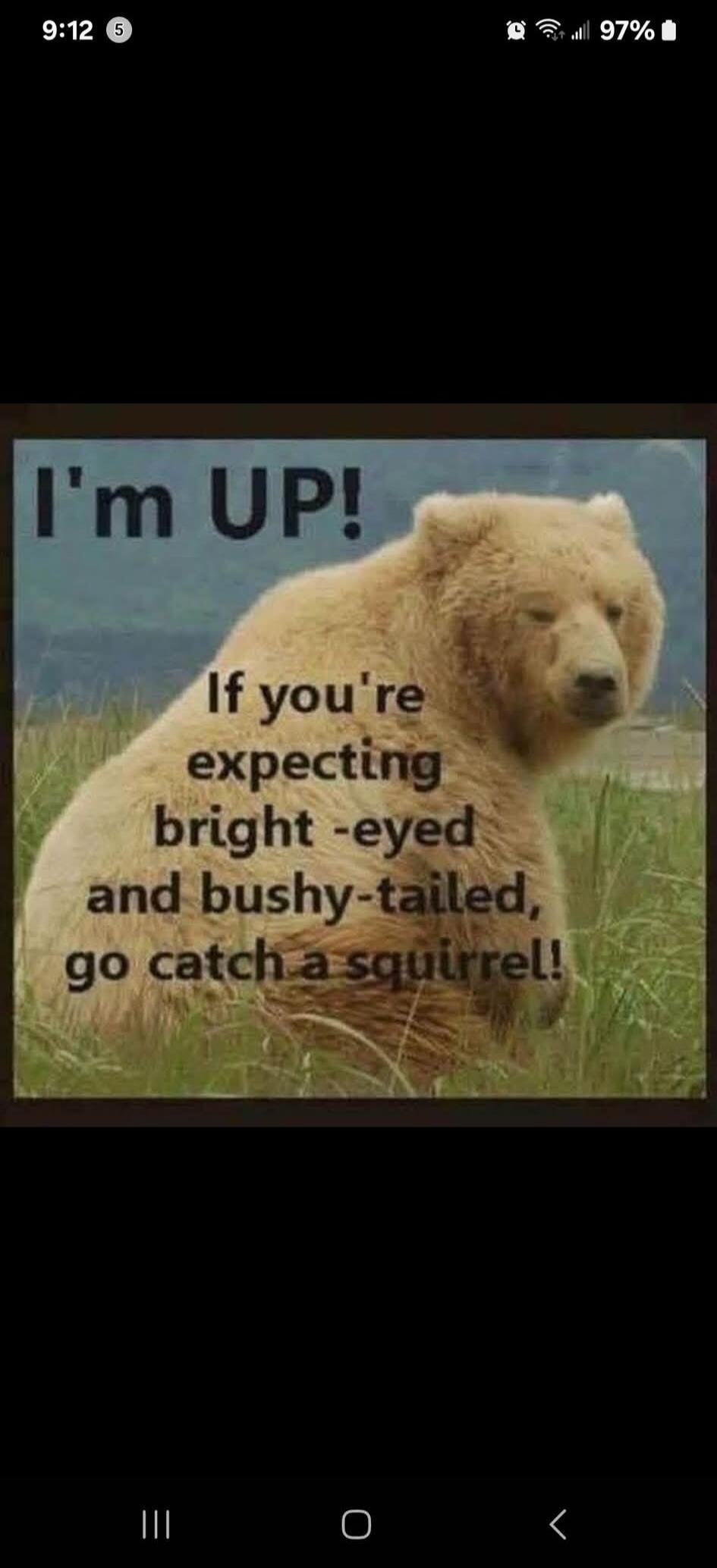 I'm UP! If you're expecting bright-eyed and bushy-tailed, go catch a squirrel!