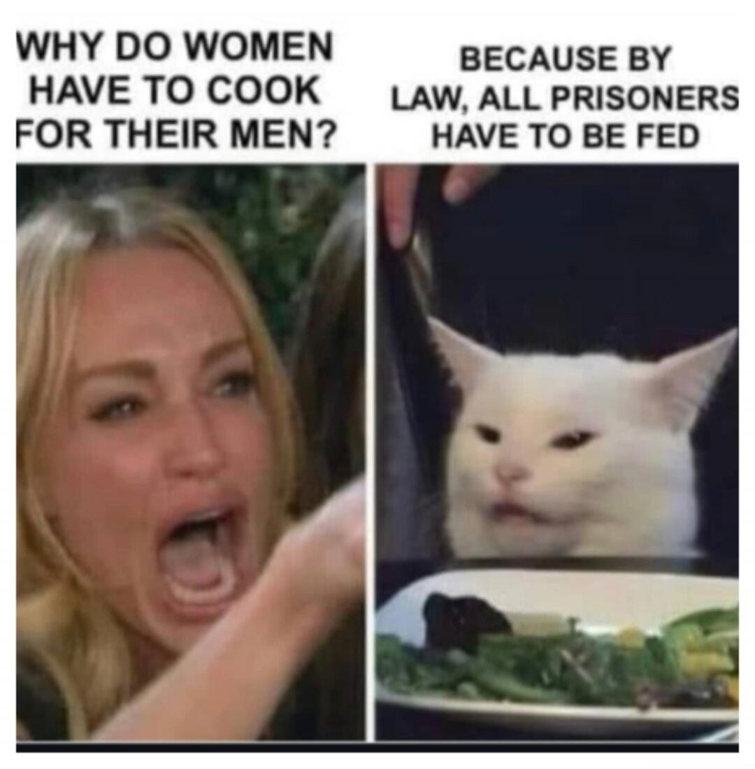 WHY DO WOMEN HAVE TO COOK FOR THEIR MEN? BECAUSE BY LAW, ALL PRISONERS HAVE TO BE FED
