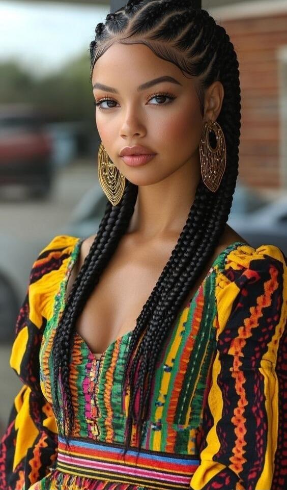 A portrait of a woman with long braids, large gold hoop earrings, and a colorful patterned dress.