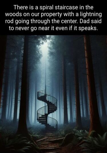 There is a spiral staircase in the woods on our property with a lightning rod going through the center Dad said to never go near it even if it speaks
