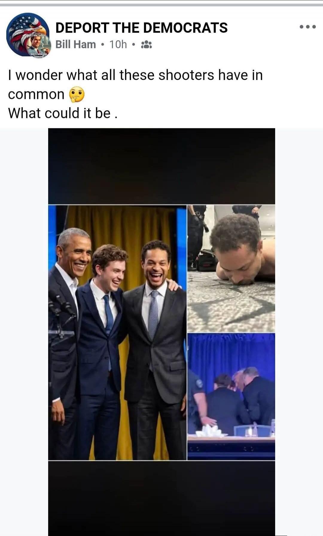 DEPORT THE DEMOCRATS. I wonder what all these shooters have in common 🤔 What could it be . The image displays a photoshopped picture of Barack Obama, Kyle Rittenhouse, and Trevor Noah smiling together. Below this, there are two other images of Kyle Rittenhouse: one showing him on the ground, seemingly detained by police, and another showing him bei
