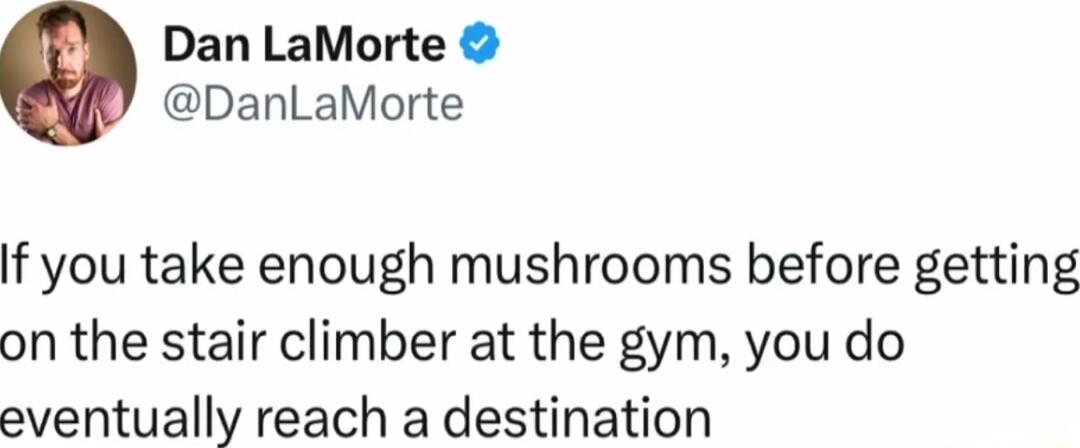 Dan LaMorte DanLaMorte If you take enough mushrooms before getting on the stair climber at the gym you do eventually reach a destination