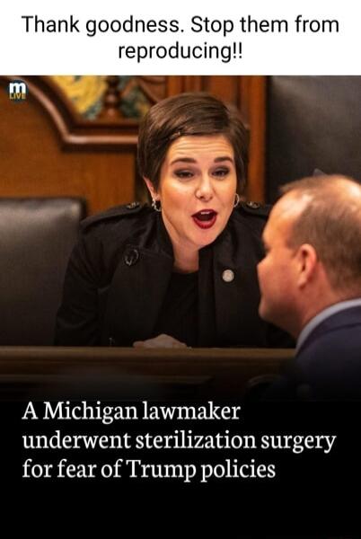 Thank goodness Stop them from reproducing A Michigan lawmaker underwent sterilization surgery for fear of Trump policies