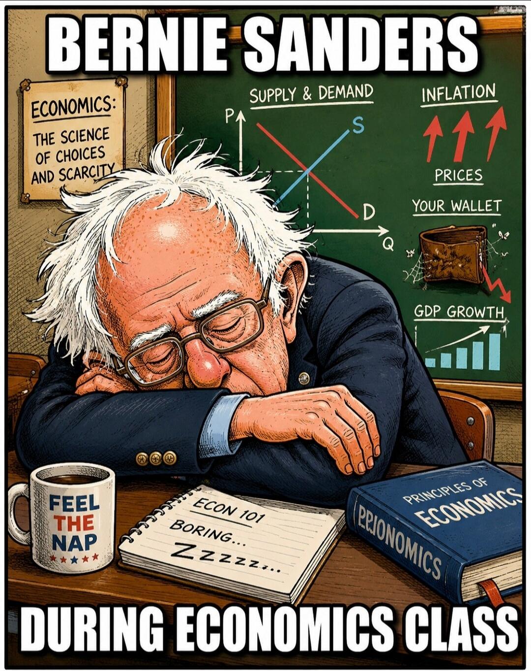 BERNIE SANDERS DURING ECONOMICS CLASS ECONOMICS: THE SCIENCE OF CHOICES AND SCARCITY SUPPLY & DEMAND INFLATION PRICES YOUR WALLET GDP GROWTH FEEL THE NAP ECON 101 BORING... Zzzzz... PRINCIPLES OF ECONOMICS