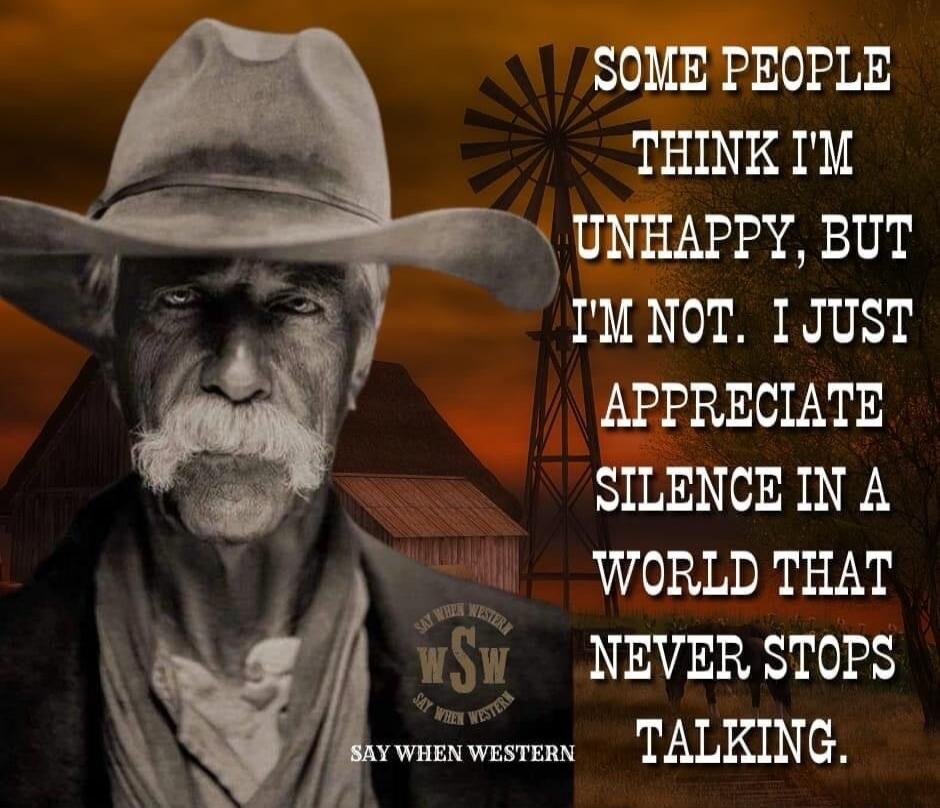 Some people think I'm unhappy, but I'm not. I just appreciate silence in a world that never stops talking. Say When Western.