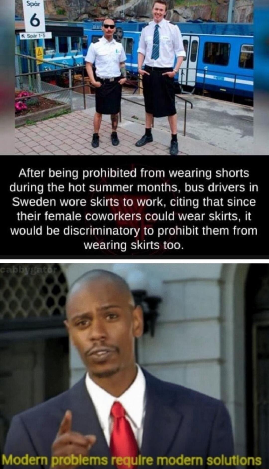 After being prohibited from wearing shorts VIGTa T R GTR TSV T T e Ty N B TR VTR T Sweden wore skirts to work citing that since their female coworkers could wear skirts it would be discriminatory to prohibit them from wearing skirts too
