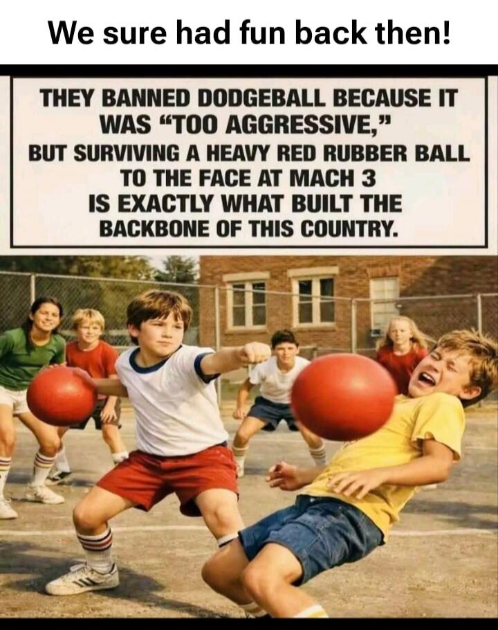 We sure had fun back then! THEY BANNED DODGEBALL BECAUSE IT WAS 