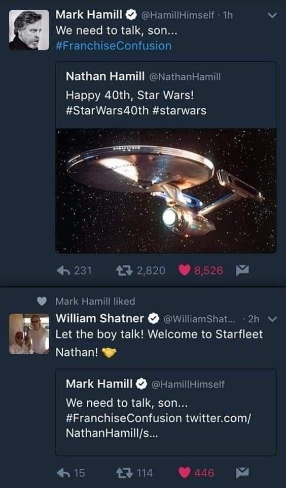 Mark Hamill HamillHimself 1h v We need to talk son FranchiseConfusion LEGELELED T RGIEGEREEI ELRIGRSEIQNETE LS EIEEIGENERTES L Wkl 232820 852 M4 Mark Hamill liked William Shatner Williamshat 2h QG LN TR E AT CR GRS El 118 DEIGERIE 3 Mark Hamill HamillHimself LI RGRET ST FranchiseConfusion twittercom LEIGELEI TR 415 13 114 Wais M