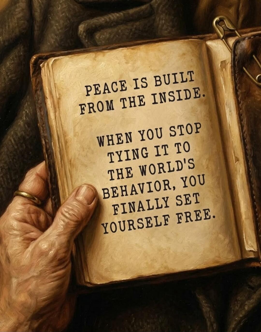 PEACE IS BUILT FROM THE INSIDE. WHEN YOU STOP TYING IT TO THE WORLD'S BEHAVIOR, YOU FINALLY SET YOURSELF FREE.