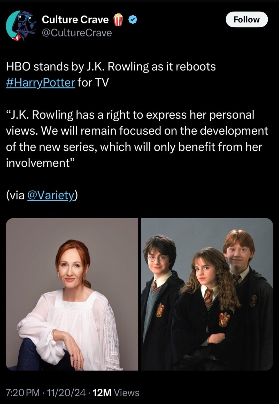 TTEY X CultureCrave HBO stands by JK Rowling as it reboots HarryPotter for TV JK Rowling has a right to express her personal views We will remain focused on the development of the new series which will only benefit from her I EICVELE 720PM 112024 12M Views