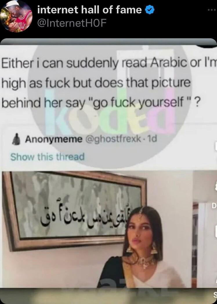 METGE BN R S ET Either i can suddenly read Arabic or In high as fuck but does that picture behind her say go fuck yourself Anonymeme read
