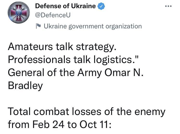 Defense of Ukraine DefenceU IN Ukraine government organization Amateurs talk strategy Professionals talk logistics General of the Army Omar N Bradley Total combat losses of the enemy from Feb 24 to Oct 11